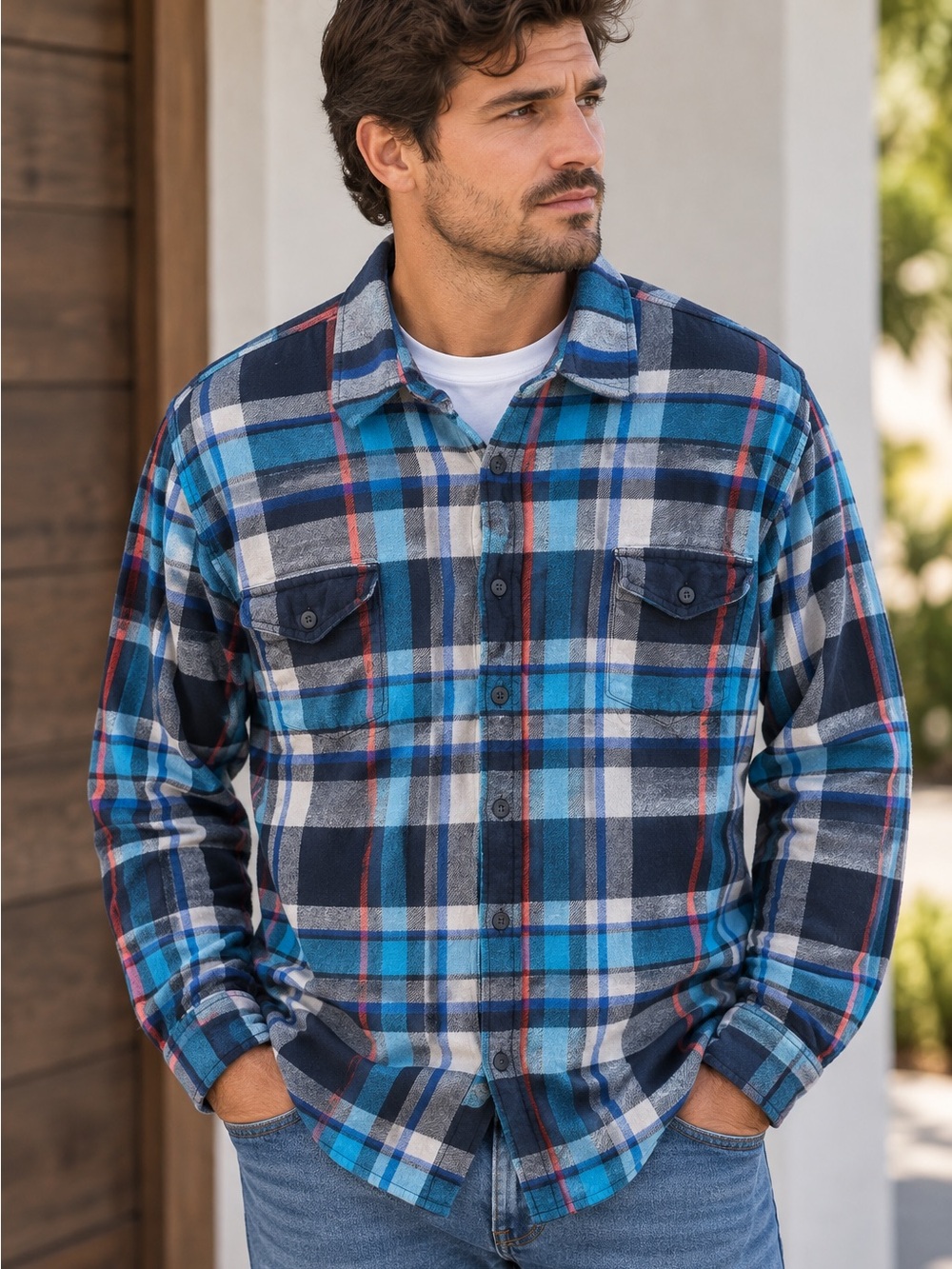 Vintage OP Ocean Pacific Plaid Flannel Shirt Men’s XL 46/48 Blue 100% Cotton